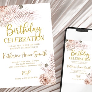 Editable Pampas Grass Birthday Invitation Pink Floral Bohemian Invitation, Boho Invites Instant Download