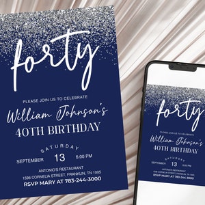 Editable Navy Blue White Birthday Invitation, Printable Birthday Party Invite, 40th Birthday, Editable Template, Instant Download