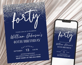 Editable Navy Blue White Birthday Invitation, Printable Birthday Party Invite, 40th Birthday, Editable Template, Instant Download