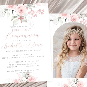 First Communion Invitation, Baptism Invitation, Blush Pink Floral, Editable Template, Printable, Digital Download