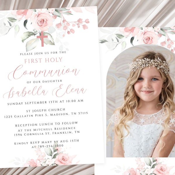 First Communion Invitation, Baptism Invitation, Blush Pink Floral, Editable Template, Printable, Digital Download