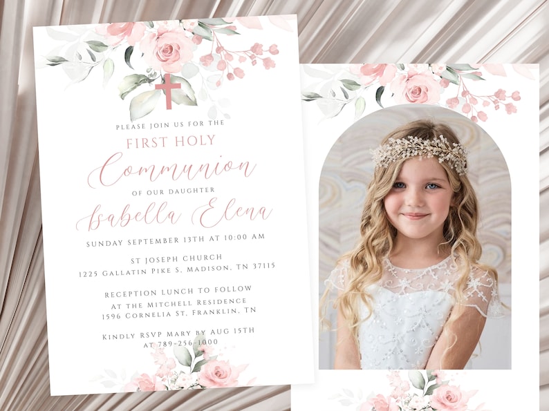 First Communion Invitation, Baptism Invitation, Blush Pink Floral, Editable Template, Printable, Digital Download zdjęcie 1