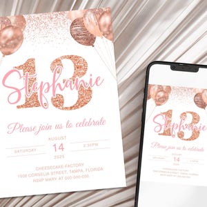 Rosa und Roségold Glitter 13. Geburtstagseinladung, bearbeitbar Geburtstag einladen Geburtstagsfeier, Roségold-Geburtstagseinladung, bearbeitbar