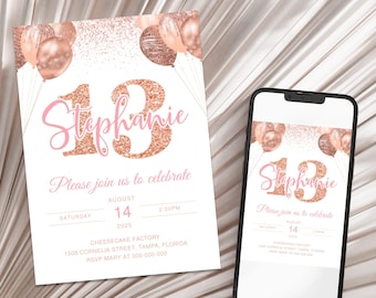 Invito per il 13° compleanno con glitter rosa e oro rosa, invito di compleanno modificabile, festa di compleanno, invito di compleanno in oro rosa, modificabile
