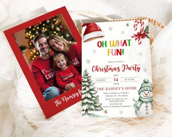 May include: Two Christmas cards. One is a red card with a family photo. The other is a party invitation with a snowman, candy cane, and the text "Oh What Fun!" and "Christmas Party".