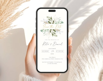 Digitale uitnodiging Save the Date, Greenery Save the Date e-vite, elektronische uitnodiging Save the Date, elektronische uitnodiging, tekstuitnodiging, direct downloaden