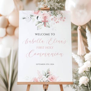 Letrero de bienvenida rosa para Primera Comunión, Letrero de bienvenida editable para Comunión, Letrero de bienvenida rosa en acuarela para Comunión, Letrero de bienvenida para Comunión de Niña