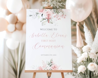 Pink First Holy Communion Welcome Sign, Editable Communion Welcome Sign, Pink Watercolor Communion Welcome Sign, Girl Communion Welcome Sign
