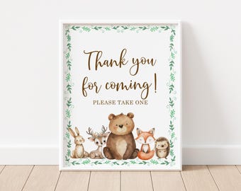 Thank You For Coming Sign Woodland Favors Sign Greenery Woodland Animals Forest Baby Shower Birthday Sign Printable Editable