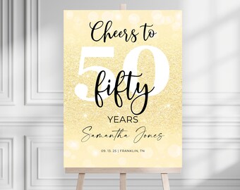 Gold 50th Fifty Birthday Party Welcome Sign, Editable Sign, Printable Gold Birthday Welcome Sign Template, Hello Fifty Cheers