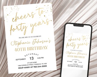 Ladies 40th Birthday Invitation Printable Cheers to Forty Years Gold Editable Download