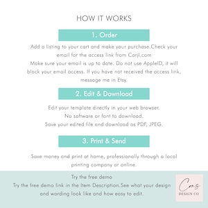May include: An instructional graphic titled HOW IT WORKS with three steps in teal boxes. Step 1: Order, add to cart, check email for Corjl.com link. Step 2: Edit and download in browser as PDF or JPEG. Step 3: Print at home or professionally. Includes a free demo link and the logo Cons Design Co.