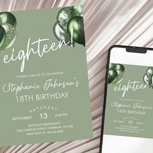 18th Birthday Invitation Printable Sage Green Birthday Party Invite Editable Download Template