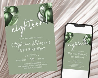 18th Birthday Invitation Printable Sage Green Birthday Party Invite Editable Download Template