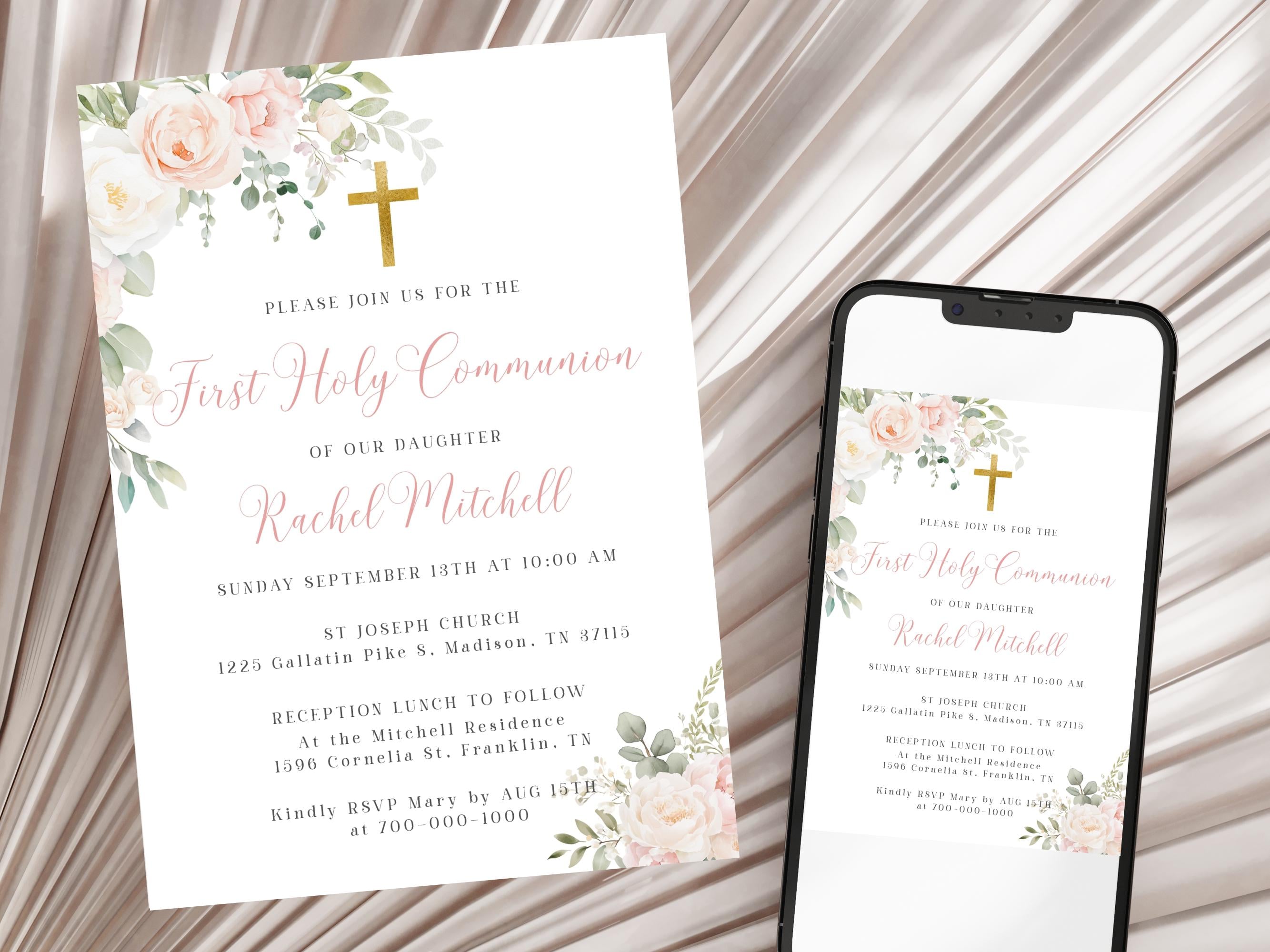 Blush Pink First Holy Communion Invitation Template Pink Floral ...