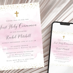 Pink First Holy Communion Invitation INSTANT DOWNLOAD Editable, Printable, Baptism, Christening, Dedication