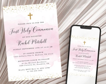 Pink First Holy Communion Invitation INSTANT DOWNLOAD Editable, Printable, Baptism, Christening, Dedication