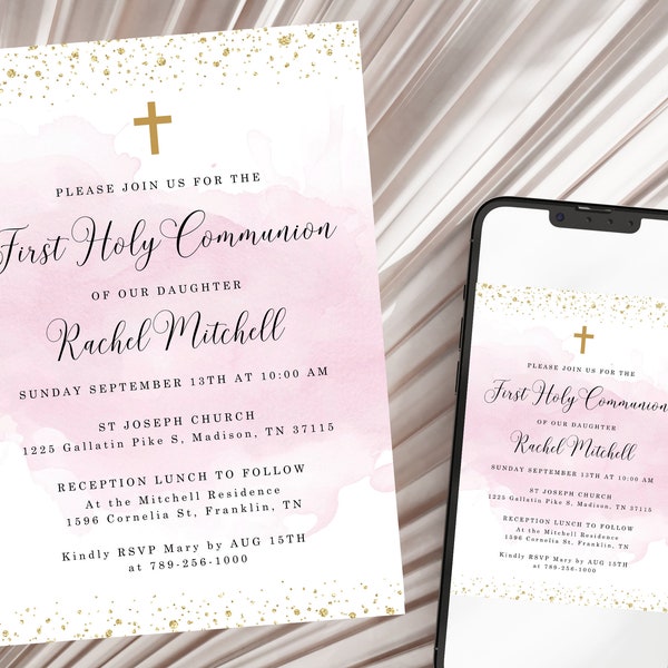 Pink First Holy Communion Invitation INSTANT DOWNLOAD Editable, Printable, Baptism, Christening, Dedication