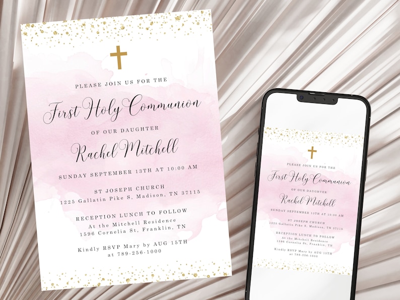 Pink First Holy Communion Invitation INSTANT DOWNLOAD Editable, Printable, Baptism, Christening, Dedication zdjęcie 1