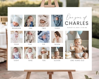 Horizontal Baby's First Year Poster Template, Printable 1st Birthday Photo Collage, Editable Year In Pictures Board, Instant Download