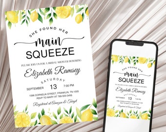 Pode incluir: Um convite para chá de panela com tema de limão. O convite diz "She found her main squeeze" e inclui detalhes para o chá de panela de Elizabeth Ramsey em 13 de setembro. O design apresenta limões e vegetação em aquarela.