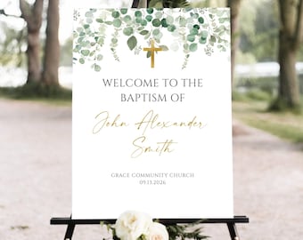 Printable Baptism Welcome Sign, Eucalyptus Welcome Sign, Greenery Welcome Sign, Greenery Baptism Welcome Sign, Greenery Gold Welcome Sign
