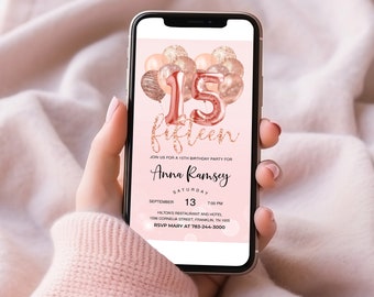 Rose Gold Glitter 15th Birthday Invitation Editable Birthday Invite, Evite