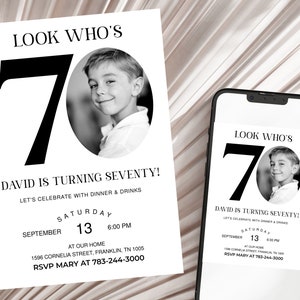 Kijk wie is 70 grappige verjaardagsuitnodiging, 70e uitnodiging met foto, 70e verjaardagsuitnodiging voor mannen, eenvoudige 70e uitnodiging, mannelijke 70e uitnodigingen