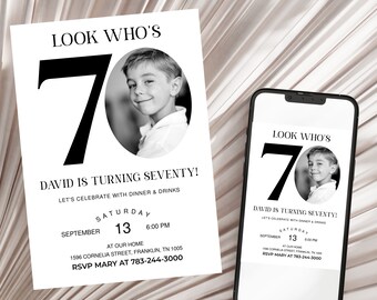 Look Who's 70 Funny Birthday Invitation, 70th Invitation with photo, 70th Birthday Invitation for Men, Simple 70th Invite, Male 70th Invites