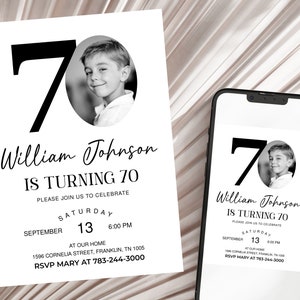 Male 70th Birthday Invitation Template, Look Who's 70, Photo 70th Birthday Invite, Editable Template, Any Age, Black and White 70th Birthday
