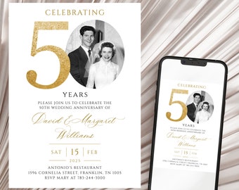 Invito per il 50° anniversario di matrimonio, modello per invito fotografico anniversario d'oro, modificabile, con foto