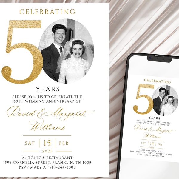 50e huwelijksverjaardag uitnodiging, gouden jubileum foto uitnodiging sjabloon, bewerkbaar, met foto
