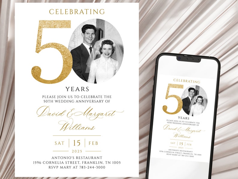 50th Wedding Anniversary Invitation, Golden Anniversary Photo Invitation Template, Editable, with Photo image 1
