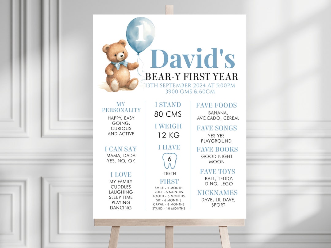 Beary First Birthday Milestone Sign, Bear 1st Birthday Milestone Board ...