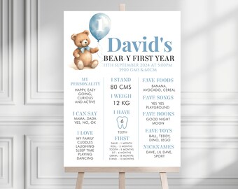 May include: A blue and white printable poster with a teddy bear holding a blue balloon with the number 1 on it. The poster is titled "David's Bear-Y First Year" and includes details about the child's first year, such as their weight, height, favorite foods, songs, books, and toys. The poster also includes a section about the child's first teeth.