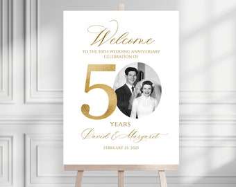 Cartello di benvenuto per l'anniversario fotografico, cartello di benvenuto per il 50° anniversario di matrimonio, decorazione per il 50° anniversario, cartello per l'anniversario d'oro, modificabile