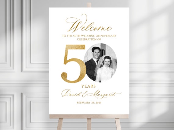 Photo Anniversary Welcome sign, 50th Wedding Anniversary Welcome Sign, 50th Anniversary Decoration, Golden Anniversary Sign, Editable