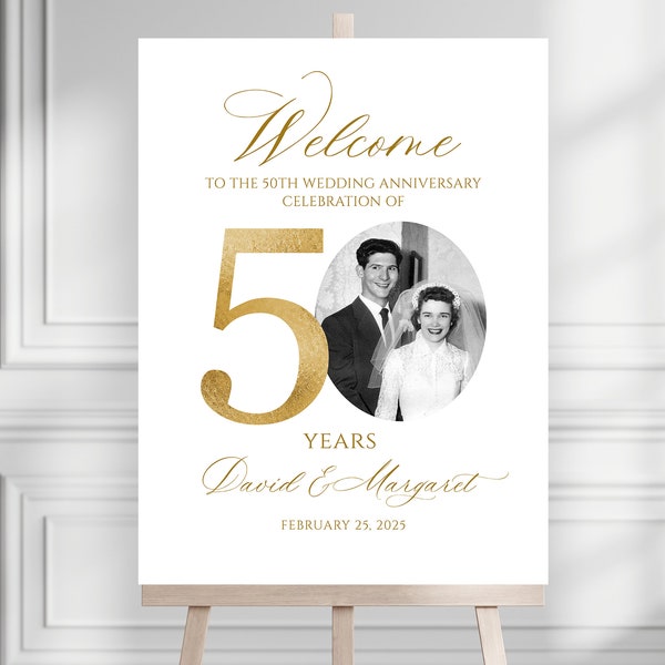 Cartello di benvenuto per l'anniversario fotografico, cartello di benvenuto per il 50° anniversario di matrimonio, decorazione per il 50° anniversario, cartello per l'anniversario d'oro, modificabile