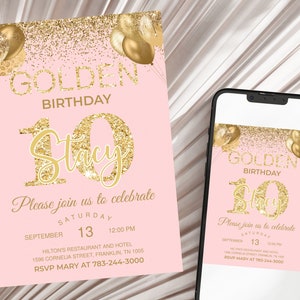 Golden Birthday invitation Pink Gold glitter birthday invitation Golden birthday invite for girl 10th birthday invitation
