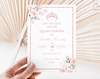 Quinceañera Save the Date Digital Pink and Rose Gold Quinceañera Invitation, EDITABLE Tiara Rose 15th Birthday Party Invite Template