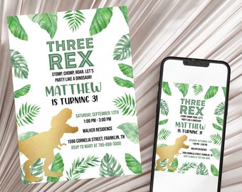 Editable Three Rex Invitation Boy, Dinosaur birthday invitation,Three rex birthday, three rex invite Printable Template Instant download