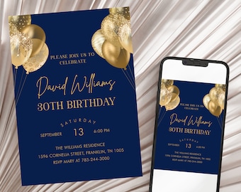 Editable Blue Gold Birthday Invitation, Printable Birthday Party Invite, Let's Party, Any Age, Editable Template, Instant Download