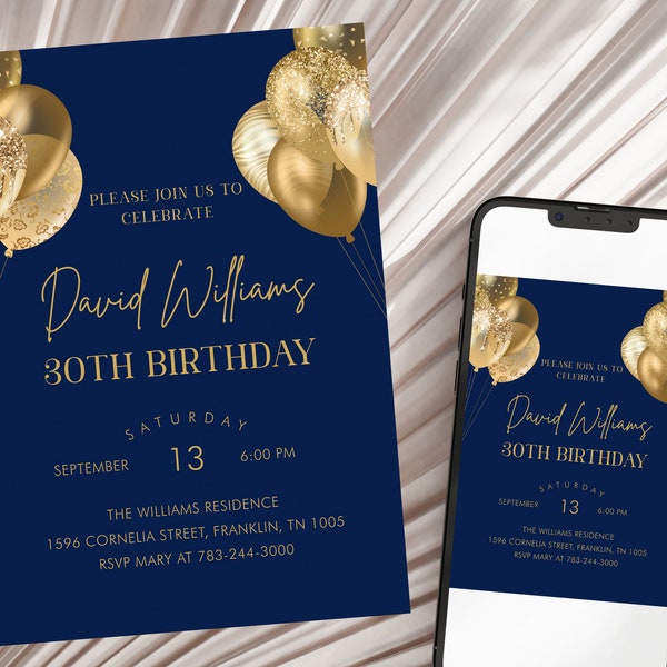 Editable Blue Gold Birthday Invitation, Printable Birthday Party Invite, Let's Party, Any Age, Editable Template, Instant Download