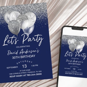Navy Blue Silver Balloons Birthday Invitation, Birthday Party Invite, Let’s Party, Editable Template, Instant Download