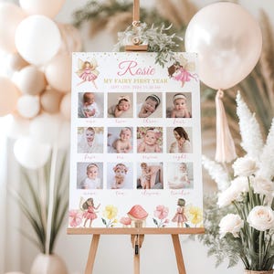 Fee zum ersten Geburtstag Foto Meilenstein Zeichen, bearbeitbare erste Jahr Baby Poster Vorlage, Fee zum 1. Geburtstag 12 Monate Foto Collage Zeichen