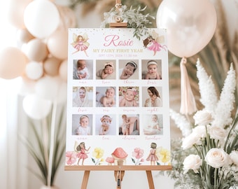 Fairy first birthday photo milestone sign, Editable first year baby poster template, Fairy 1st birthday 12 month photo collage sign