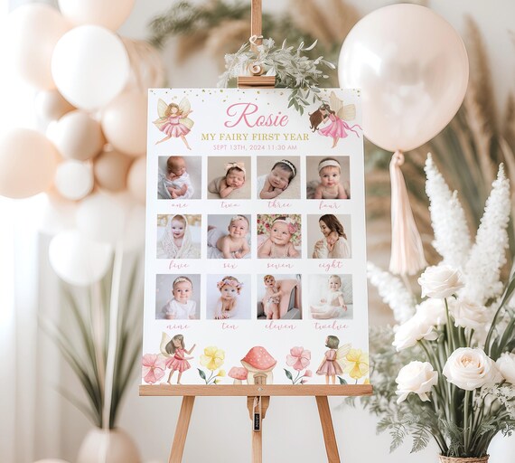 Fairy first birthday photo milestone sign, Editable first year baby poster template, Fairy 1st birthday 12 month photo collage sign