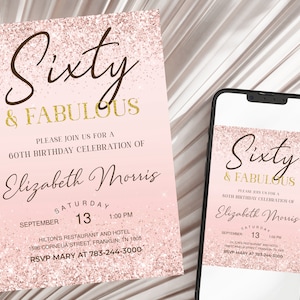 60th Birthday Invitation Printable Rose Gold Sixty and Fabulous Dinner Party Invite for Ladies Editable Digital Download 画像 1