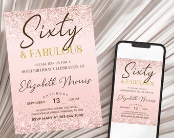 60th Birthday Invitation Printable Rose Gold Sixty and Fabulous Dinner Party Invite for Ladies Editable Digital Download