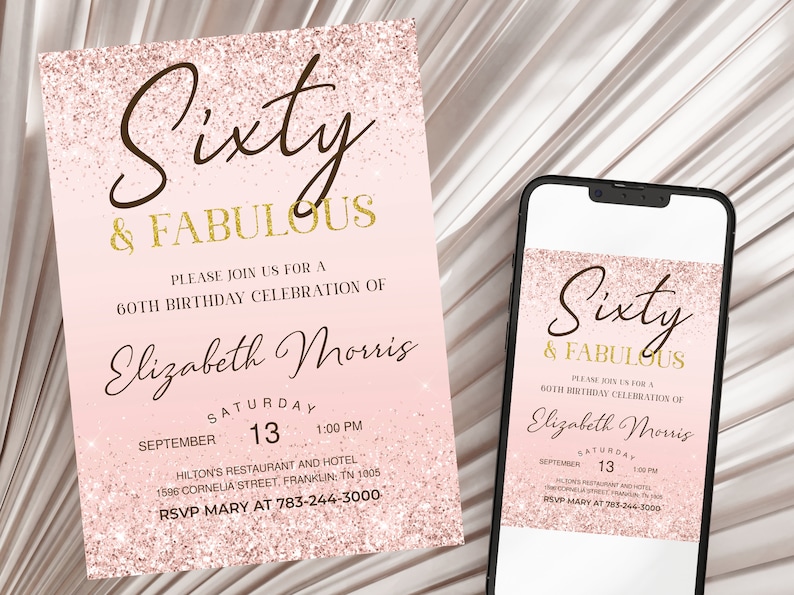 60th Birthday Invitation Printable Rose Gold Sixty and Fabulous Dinner Party Invite for Ladies Editable Digital Download 画像 1